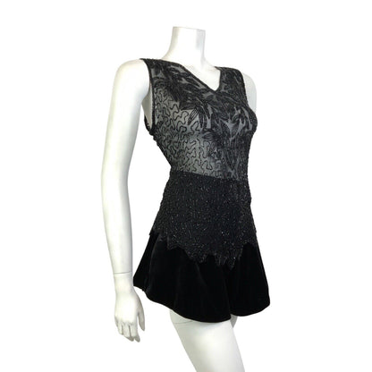 VINTAGE 60s 70s BLACK FLORAL SQUIGGLE SEQUIN BEADED SHEER SLEEVELESS TOP 12 14