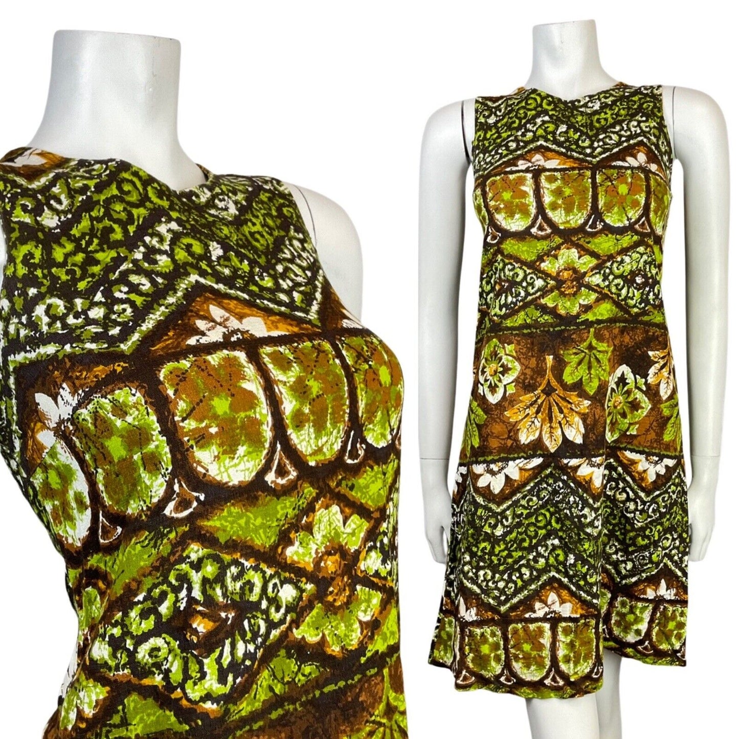 VTG 60s 70s GREEN BROWN WHITE FLORAL GEOMETRIC HAWAIIAN TIKI SHIFT DRESS 8 10