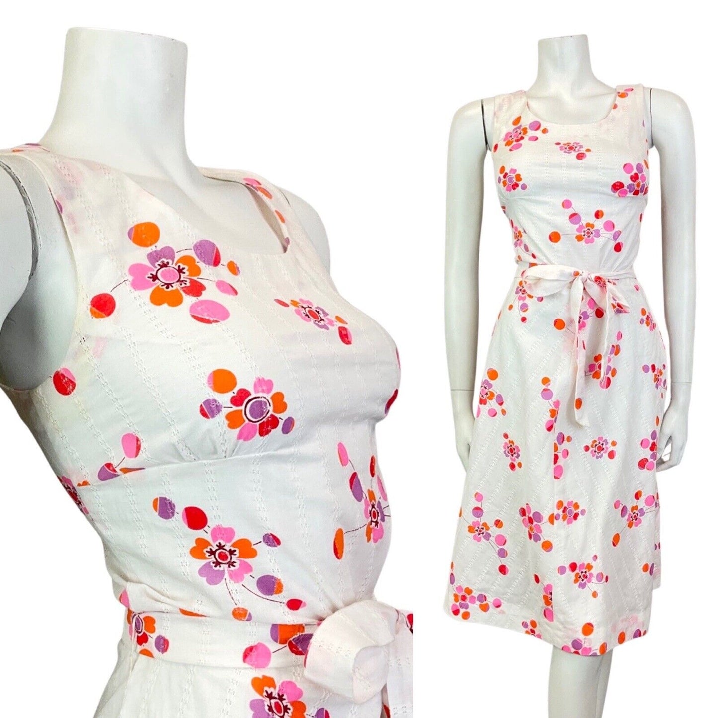 VINTAGE 60s 70s WHITE RED PINK FLORAL DOTTY MOD SLEEVELESS SUMMER DRESS 10
