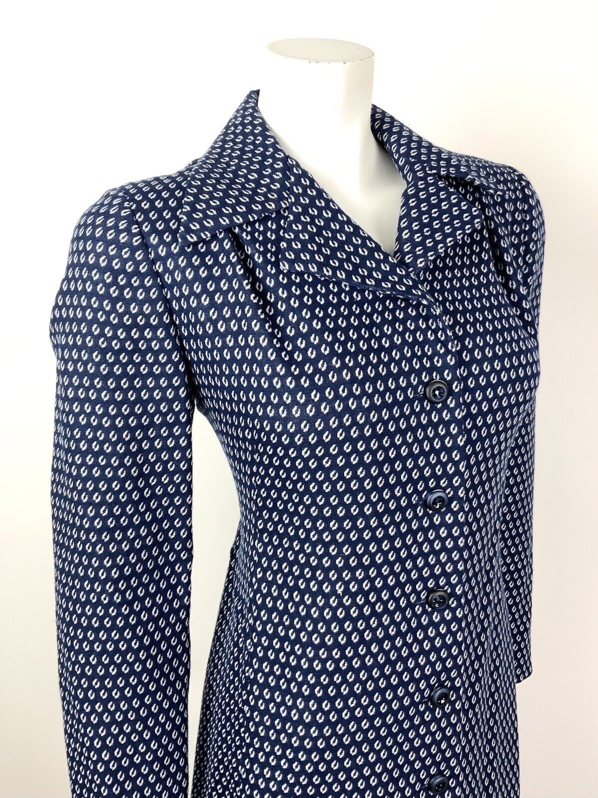 VINTAGE 60s 70s NAVY BLUE WHITE POLKA-DOT DAGGER COLLAR SHIRT DRESS 16