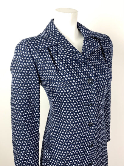 VINTAGE 60s 70s NAVY BLUE WHITE POLKA-DOT DAGGER COLLAR SHIRT DRESS 16