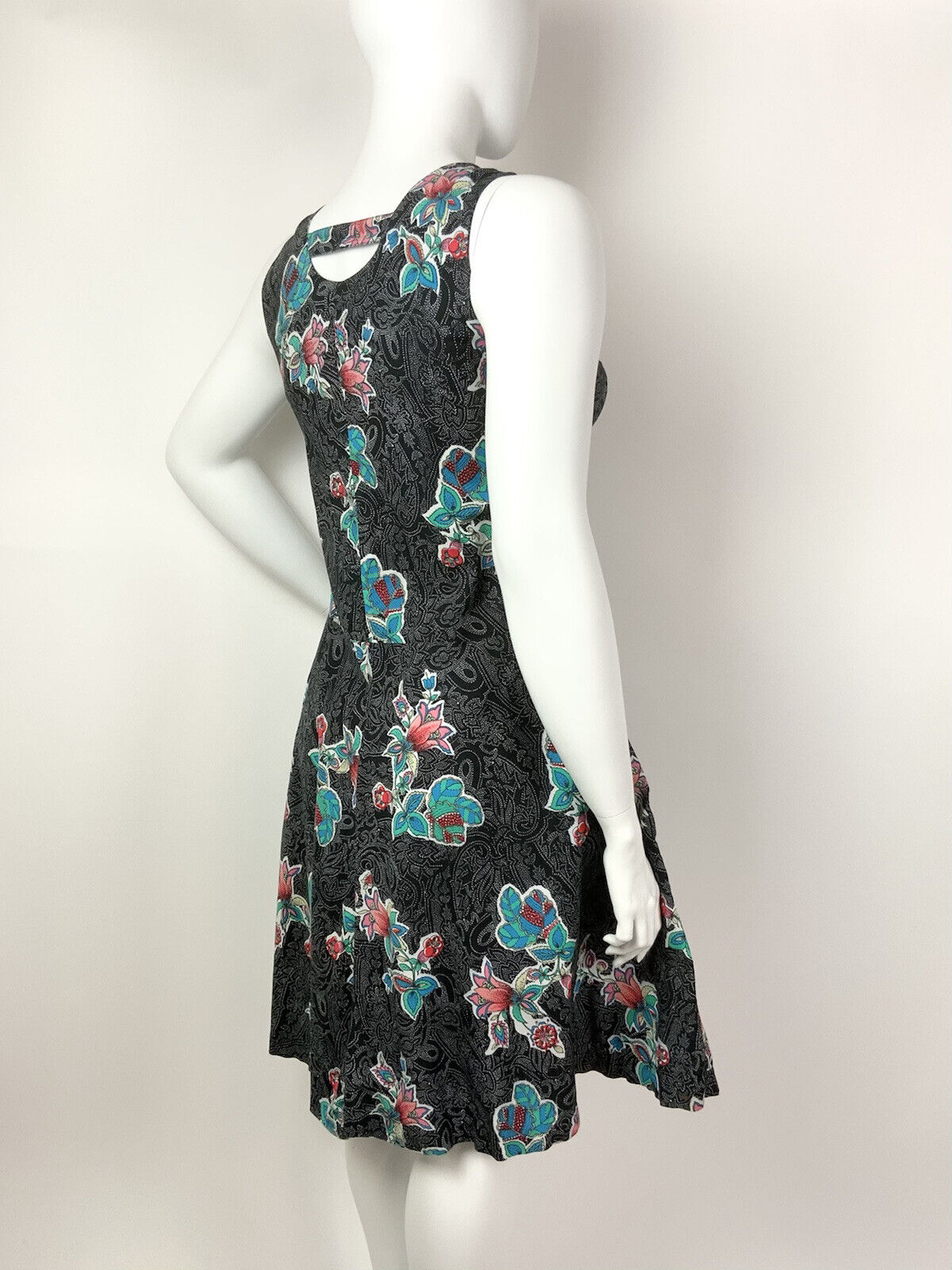 VINTAGE 70s 80s BLACK WHITE BLUE ORANGE DOTTY FLORAL PAISLEY SLEEVELESS DRESS 16