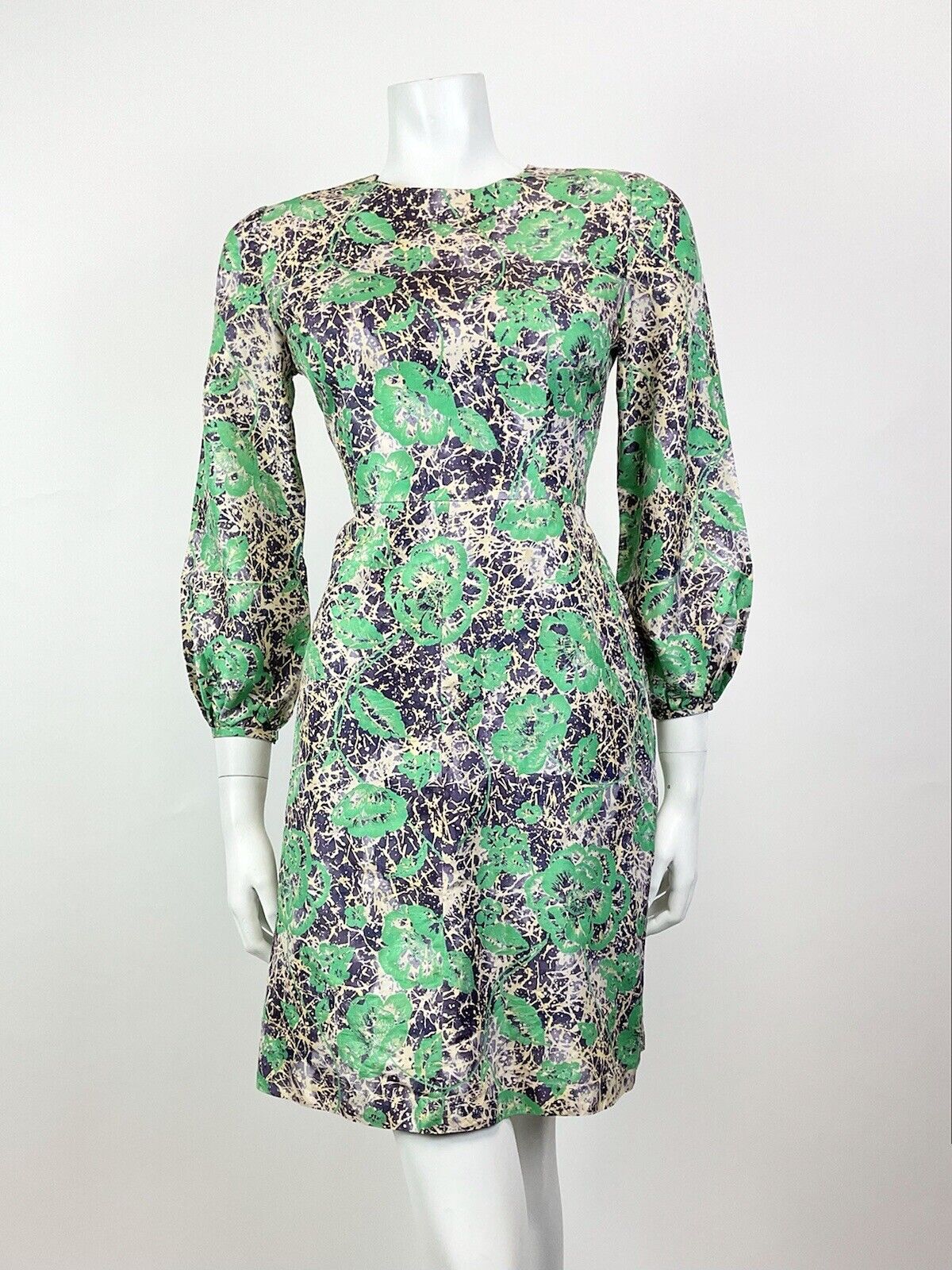 VINTAGE 60s STYLE 90s GREEN PURPLE CREAM PSYCHEDELIC FLORAL ROSE MOD DRESS 8 10