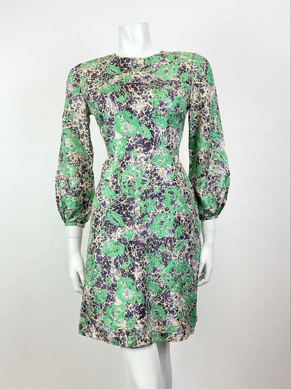 VINTAGE 60s STYLE 90s GREEN PURPLE CREAM PSYCHEDELIC FLORAL ROSE MOD DRESS 8 10