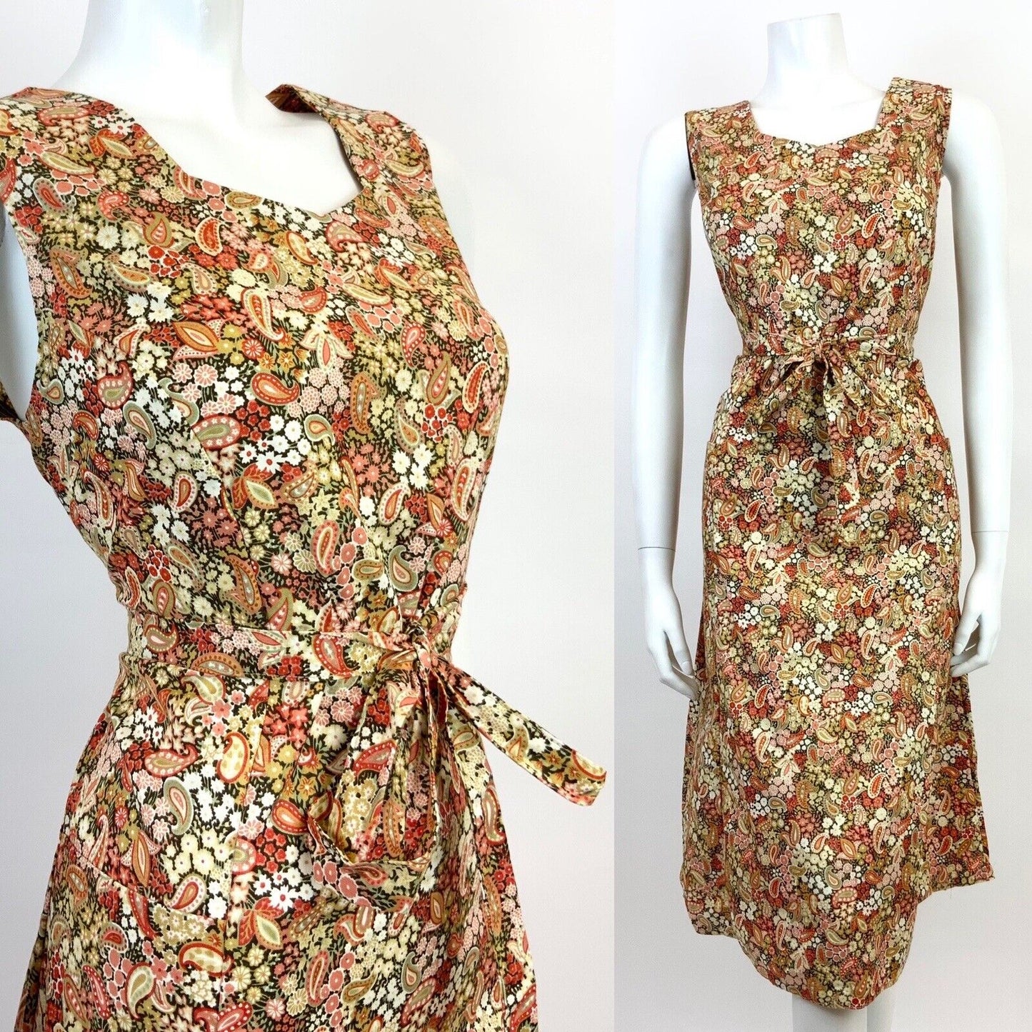 VTG 60s 70s CREAM GREEN RED BROWN FLORAL DITSY PAISLEY PSYCHEDELIC DRESS 12 14