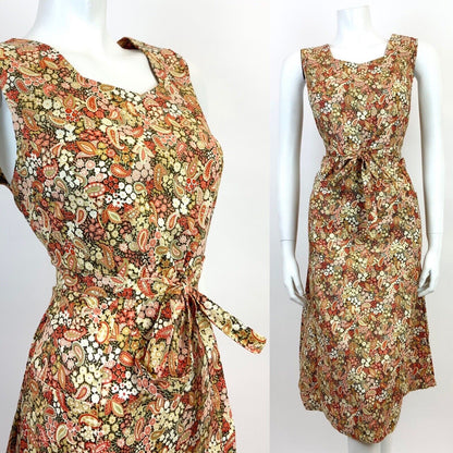 VTG 60s 70s CREAM GREEN RED BROWN FLORAL DITSY PAISLEY PSYCHEDELIC DRESS 12 14
