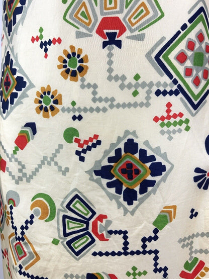 VINTAGE 60s 70s CREAM BLUE RED GREEN AZTEC FLORAL GEOMETRIC MOD DRESS 12 14
