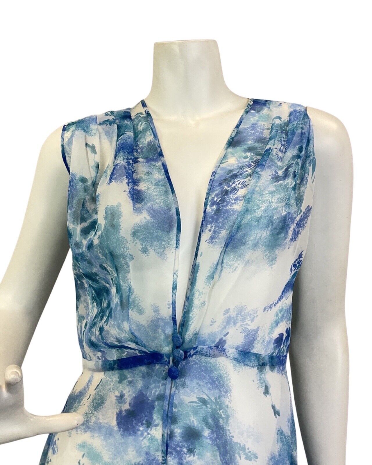 VINTAGE 60s 70s BLUE WHITE GREEN FLORAL LEAFY WAISTCOAT MAXI OVER-DRESS 14 16