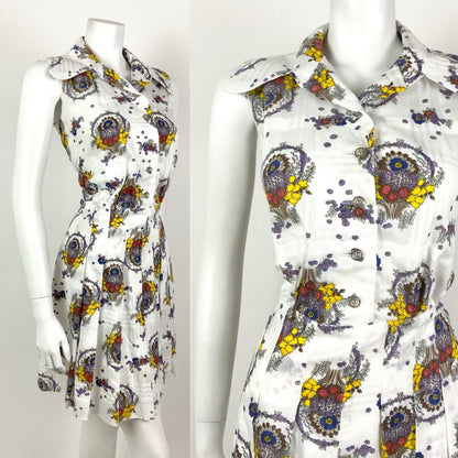 VINTAGE 60s 70s WHITE BROWN YELLOW PLAID FLORAL SPOON COLLAR SHIRT DRESS 12 14