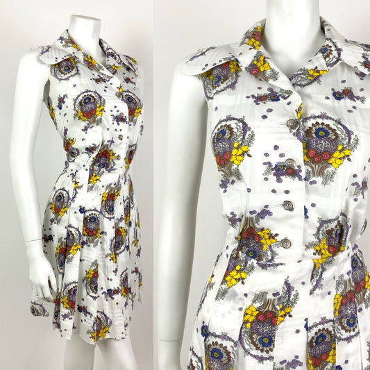 VINTAGE 60s 70s WHITE BROWN YELLOW PLAID FLORAL SPOON COLLAR SHIRT DRESS 12 14