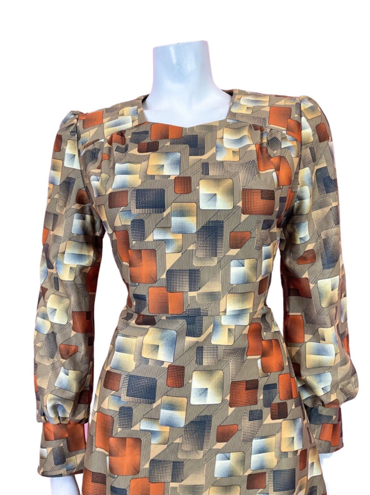 VINTAGE 60s 70s YELLOW BLACK ORANGE GEOMETRIC GRID CHECKED DRESS 10 12