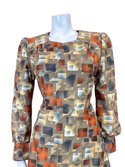 VINTAGE 60s 70s YELLOW BLACK ORANGE GEOMETRIC GRID CHECKED DRESS 10 12
