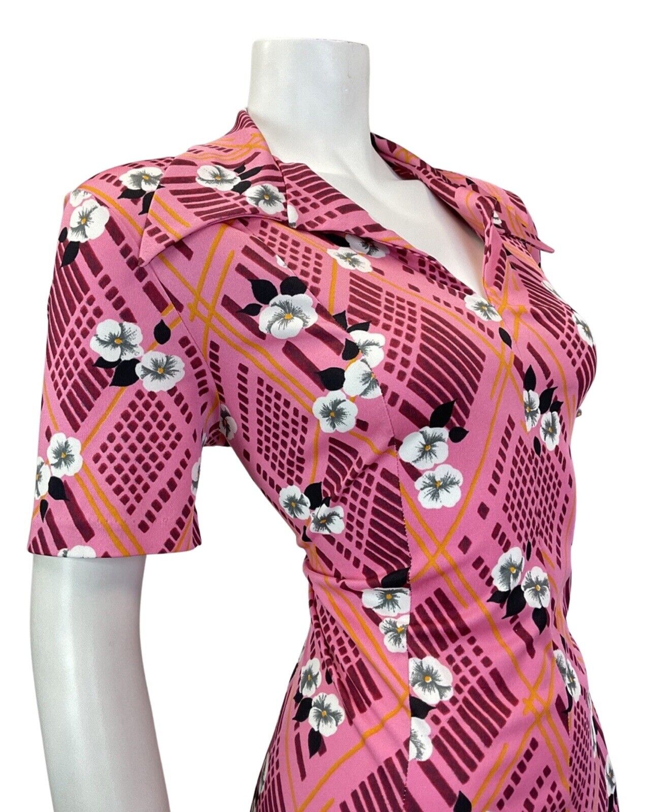 VINTAGE 60s 70s PINK PURPLE WHITE GEOMETRIC FLORAL WING COLLAR SHIRT DRESS 14 16