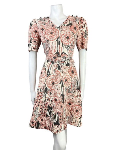 VINTAGE 60s 70s CREAM BLACK RED PSYCHEDELIC SWIRL BELTED SWING DRESS 12 14