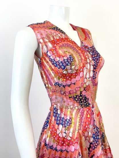 VINTAGE 60s 70s PINK ORANGE BLUE PSYCHEDELIC FLORAL GEOMETRIC FLOATY DRESS 6 8