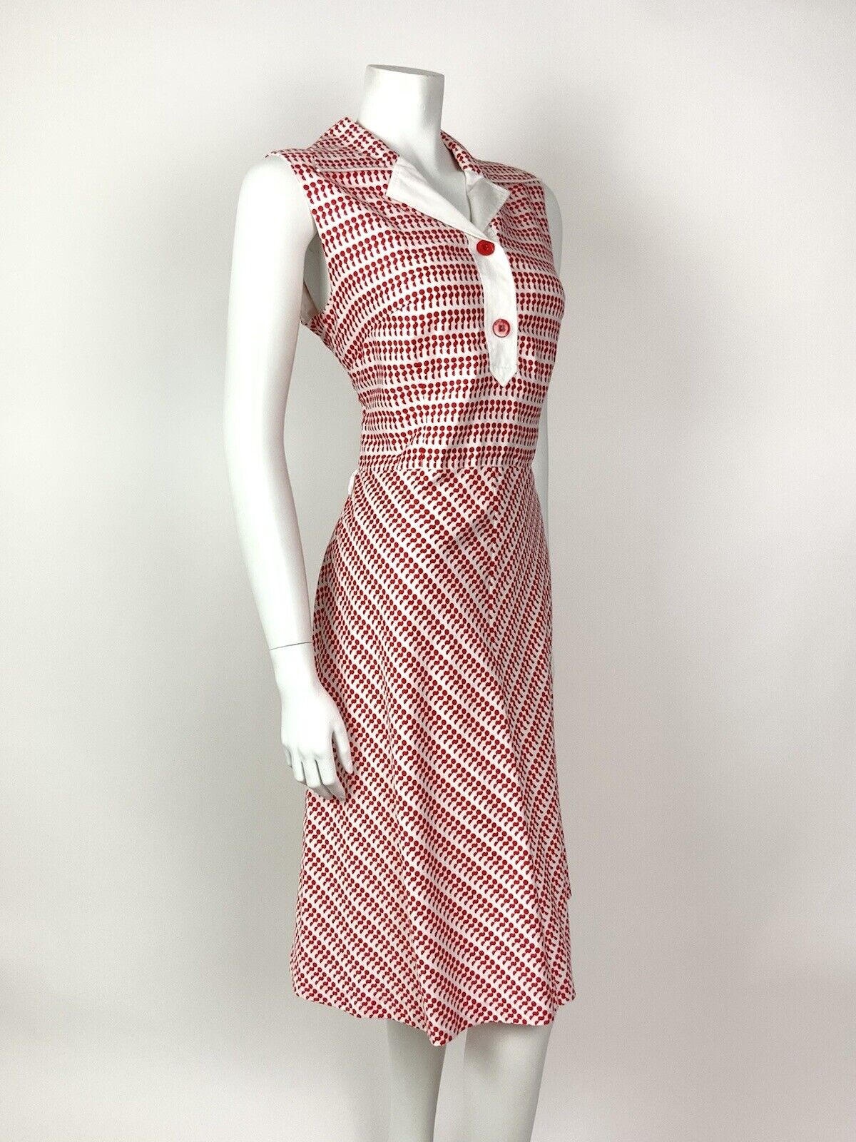 VINTAGE 60s 70s RED WHITE DOTTY GEOMETRIC SLEEVELESS SHIRT DRESS 12 14