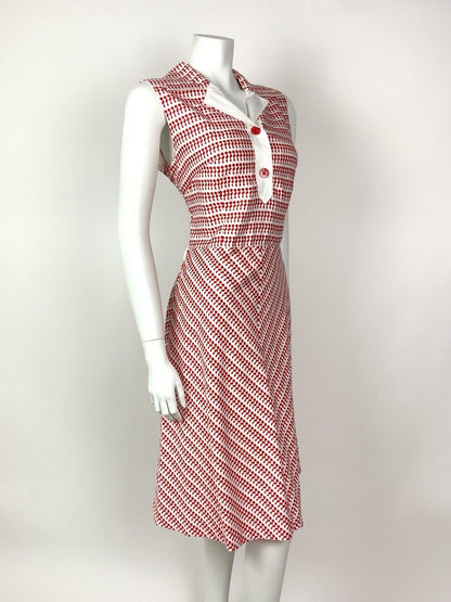 VINTAGE 60s 70s RED WHITE DOTTY GEOMETRIC SLEEVELESS SHIRT DRESS 12 14