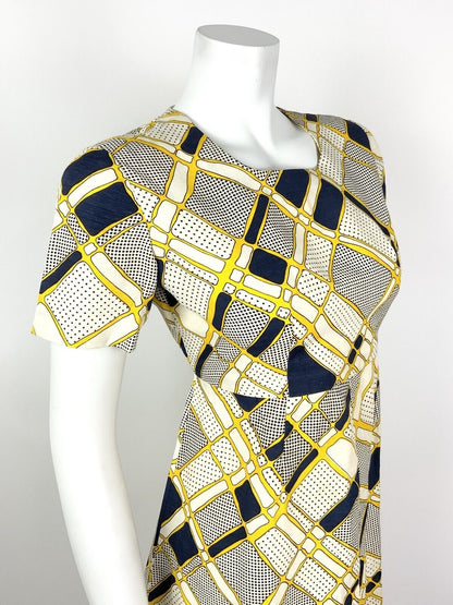 VINTAGE 60s 70s WHITE NAVY BLUE YELLOW GEOMETRIC POLKA-DOT MOD DRESS 10 12