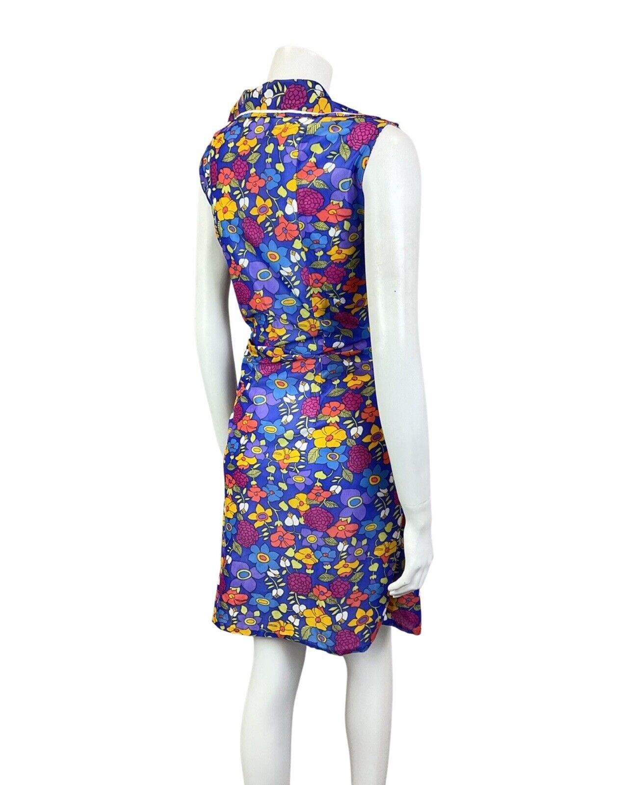VINTAGE 60s 70s BLUE PURPLE YELLOW FLORAL MOD SLEEVELESS SHIRT DRESS 14 16