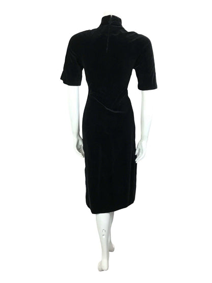 VTG 60S 70S BLACK VEVET GOLD LEAF EMBELLISHED SEQUIN BEADED MIDI PARTY DRESS 4 6