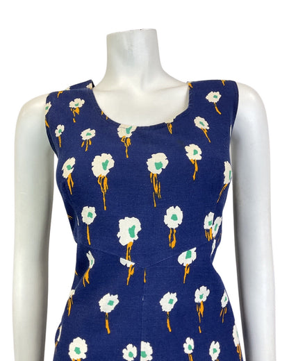 VINTAGE 60s 70s BLUE WHITE GREEN FLORAL ABSTRACT SLEEVELESS SUMMER DRESS 16 18