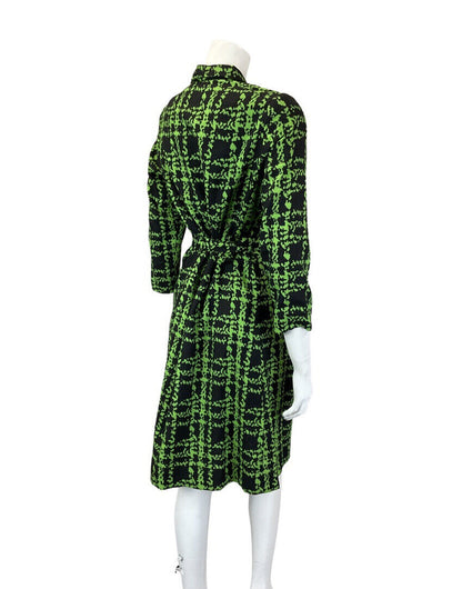 VINTAGE 60s 90s GREEN BLACK PLAID CHECKED PUSSYBOW BELTED MOD DRESS 16
