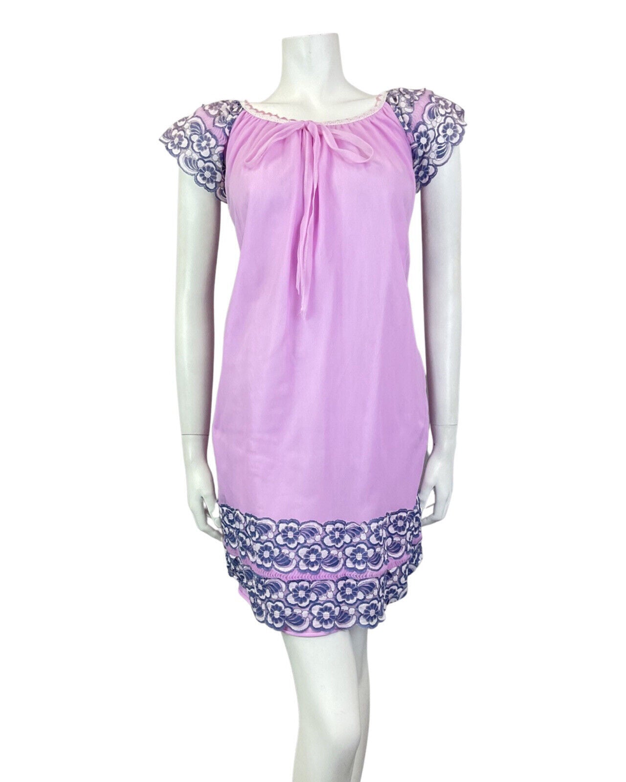 VINTAGE 60s 70s LILAC BLUE PINK FLORAL LACE MOD BABYDOLL NIGHT GOWN DRESS 12 14