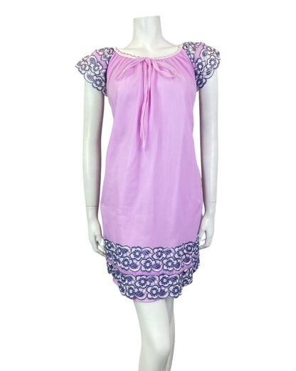 VINTAGE 60s 70s LILAC BLUE PINK FLORAL LACE MOD BABYDOLL NIGHT GOWN DRESS 12 14
