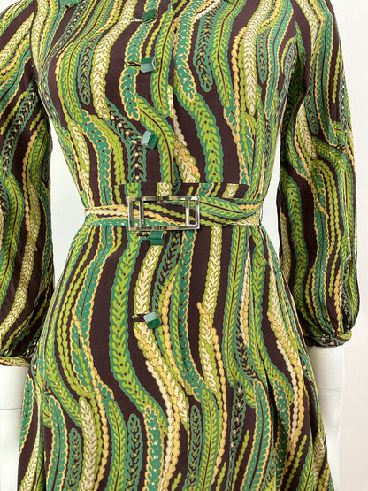VINTAGE 60s 70s GREEN CREAM BROWN STRIPED PSYCHEDELIC BELTED SHIRT DRESS 8 10