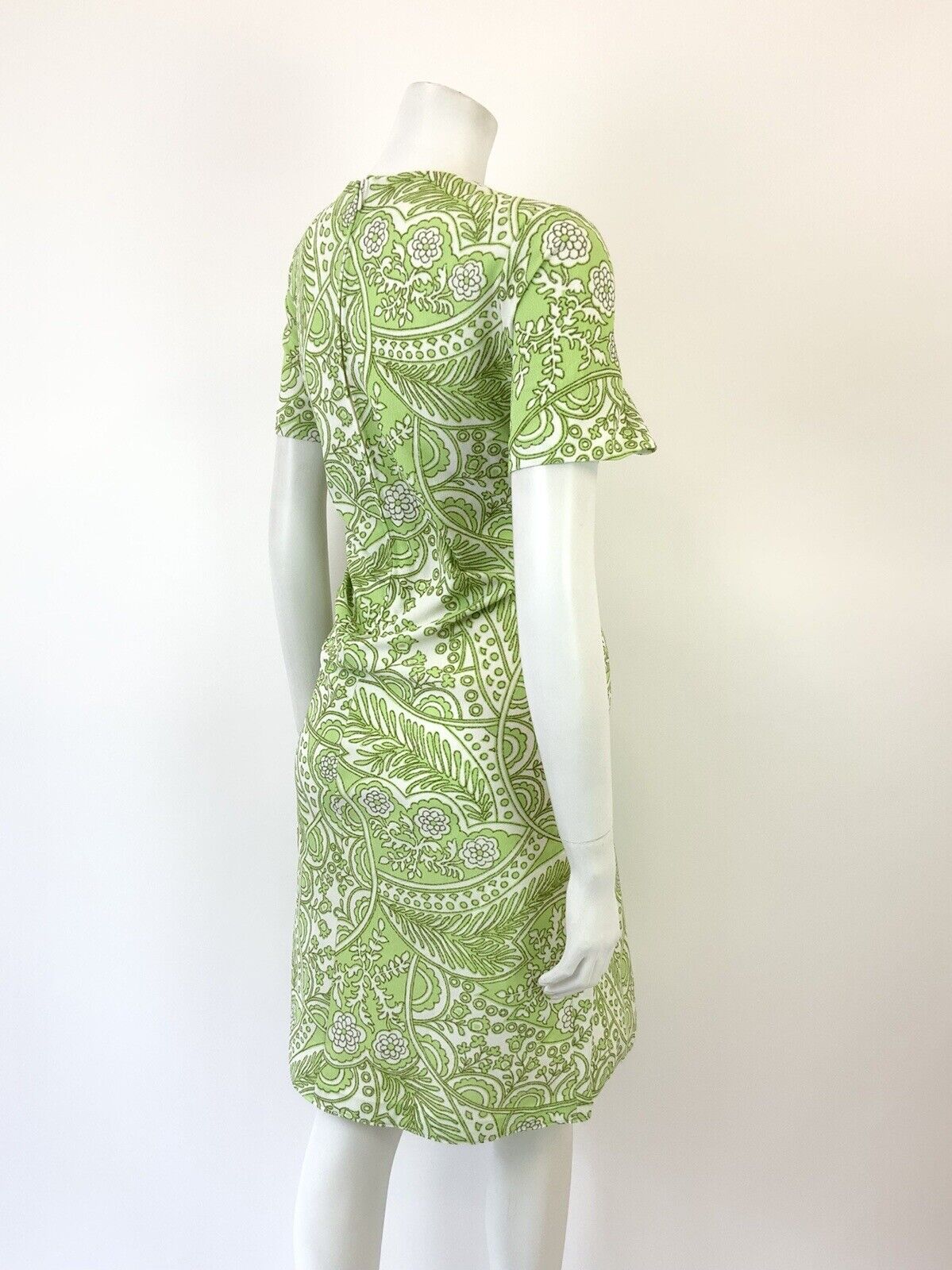 VINTAGE 60s 70s LIME GREEN WHITE PSYCHEDELIC FLORAL LEAFY MOD DRESS 12 14
