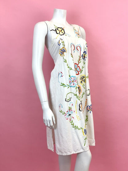 VINTAGE 60s 70s WHITE RED BLUE YELLOW FLORAL EMBROIDERED BOHO YOKE DRESS 8 10