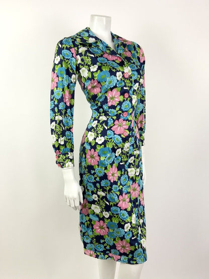 VINTAGE 60s 70s BLUE GREEN PINK WHITE FLORAL DAGGER COLLAR SHIRT DRESS 10 12
