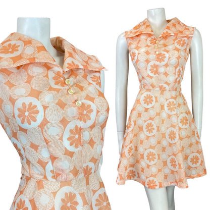 VINTAGE 60s 70s ORANGE PEACH WHITE DAISY DOTTY MOD SHIURT SWING DRESS 10 12