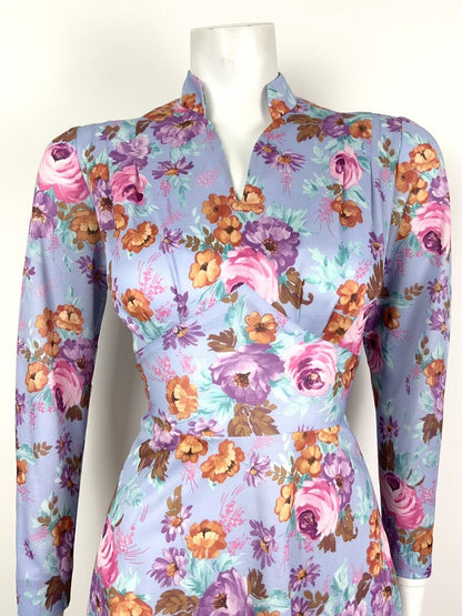 VINTAGE 60s 70s LILAC PINK BLUE ORANGE FLORAL MANDARIN COLLAR SWING DRESS 10 12