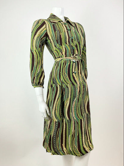 VINTAGE 60s 70s GREEN CREAM BROWN STRIPED PSYCHEDELIC BELTED SHIRT DRESS 8 10