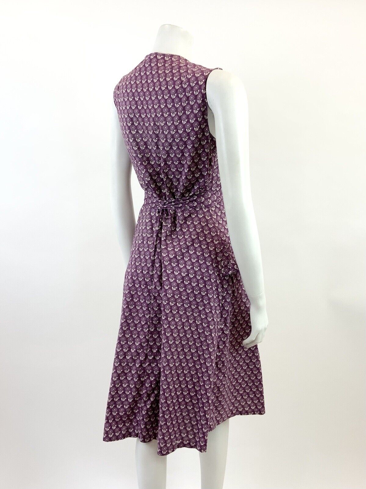 VINTAGE 60s 70s PLUM PURPLE WHITE FLORAL BOHO PRAIRIE SLEEVELESS DRESS 8 10