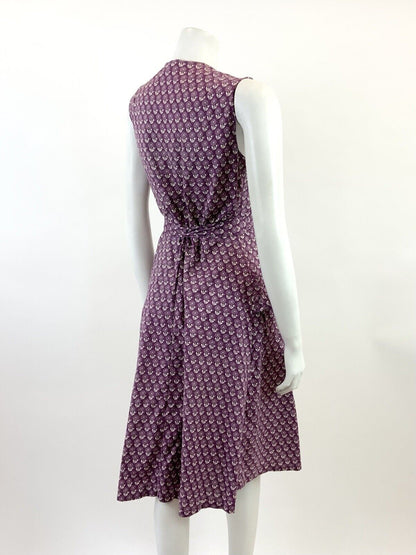 VINTAGE 60s 70s PLUM PURPLE WHITE FLORAL BOHO PRAIRIE SLEEVELESS DRESS 8 10