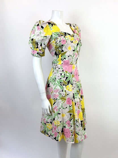 VINTAGE 60s 70s WHITE GREEN PINK BLACK FLORAL PUFF SLEEVE MOD SWING DRESS 10 12
