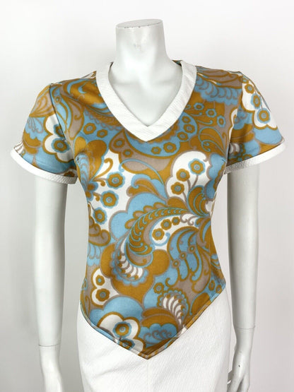 VINTAGE 60s 70s WHITE BLUE GOLD FLORAL PAISLEY PSYCHEDELIC DRESS 14 16