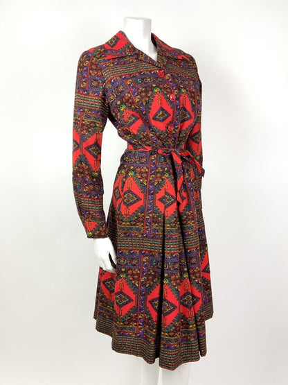 VINTAGE 60s 70s RED GREEN BLACK YELLOW PERSIAN FLORAL WING SHIRT DRESS 10 12