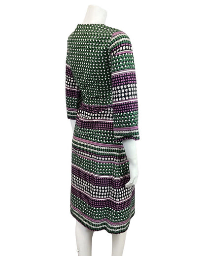 VINTAGE 60s 70s BLACK GREEN PURPLE DAISY FLORAL BELL SLEEVE MOD DRESS 10