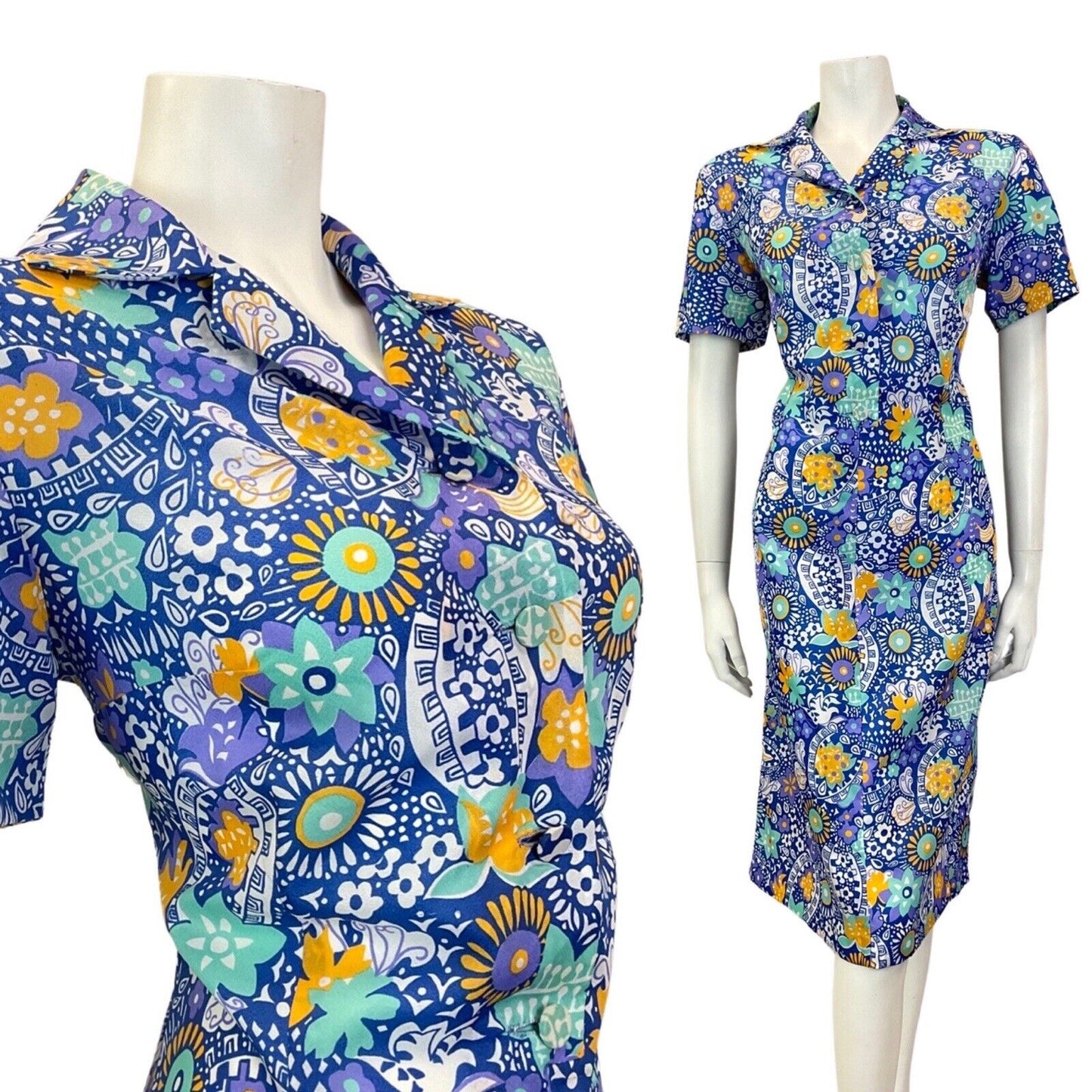 VINTAGE 60s 70s BLUE GREEN WHITE PSYCHEDELIC FLORAL MANDALA SHIRT DRESS 16
