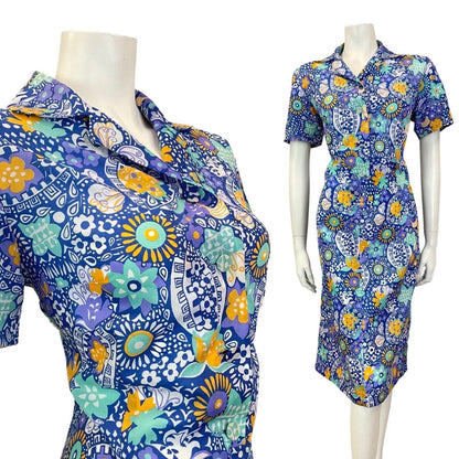 VINTAGE 60s 70s BLUE GREEN WHITE PSYCHEDELIC FLORAL MANDALA SHIRT DRESS 16