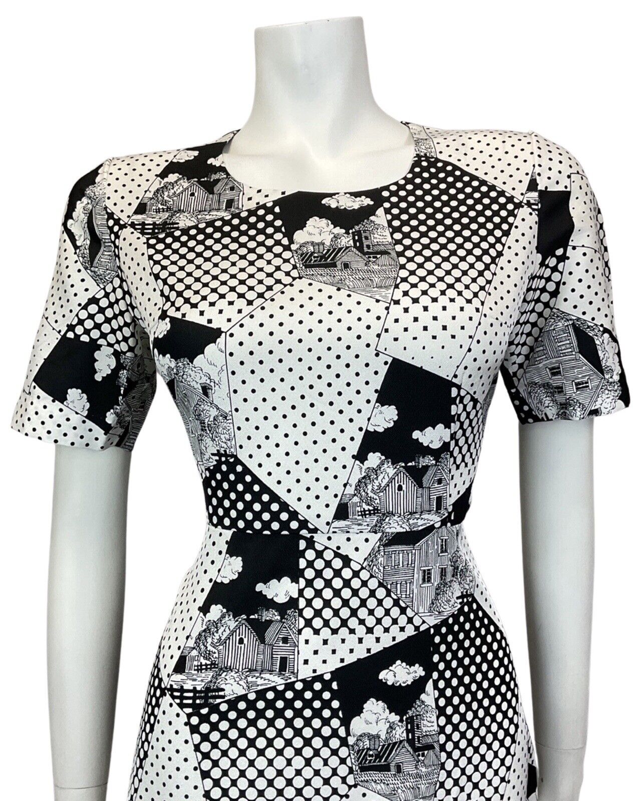 VINTAGE 60s 70s WHITE BLACK POLKA-DOT COTTAGE GEOMETRIC MOD SWING DRESS 10 12