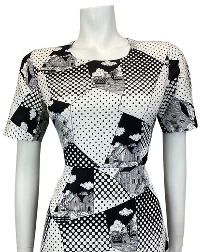 VINTAGE 60s 70s WHITE BLACK POLKA-DOT COTTAGE GEOMETRIC MOD SWING DRESS 10 12
