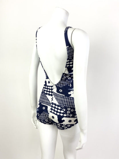 VINTAGE 60s 70s BLUE WHITE FLORAL DOG SCALES MOD PATCHWORK SWIM BODY SUIT 8 10