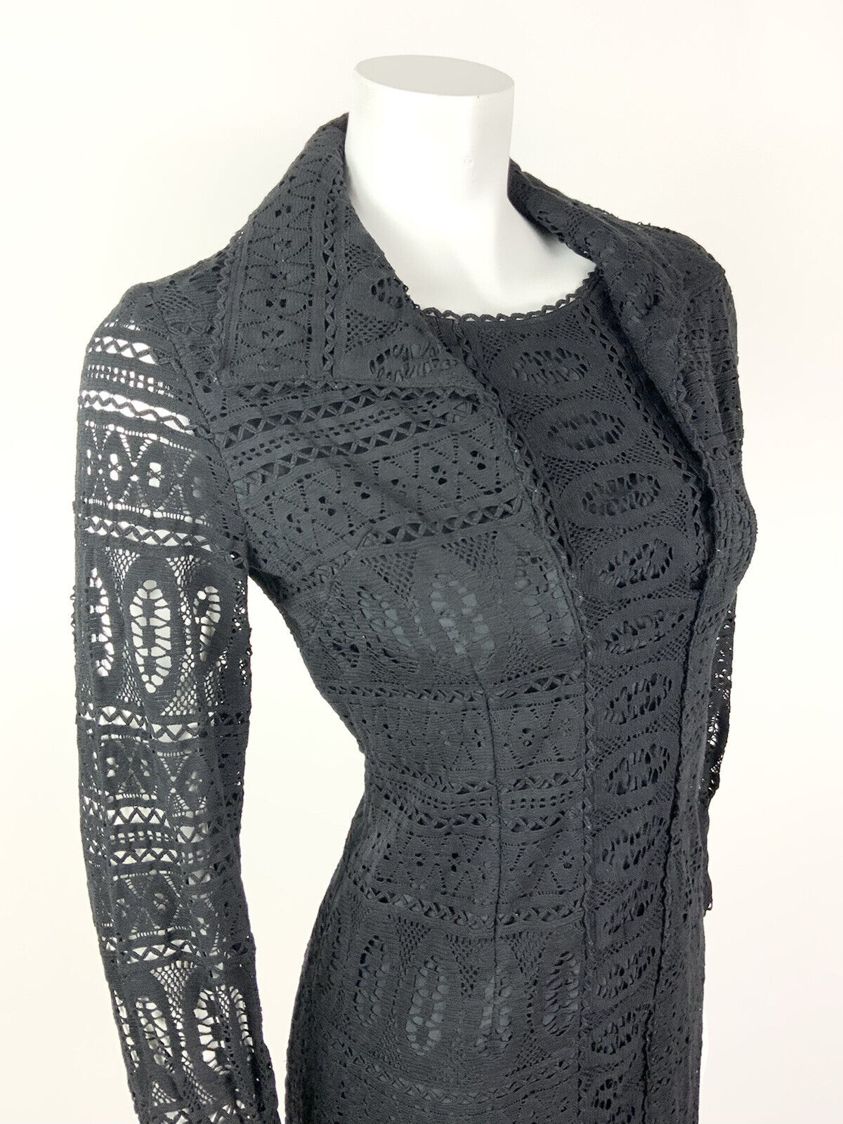 VINTAGE 60s 70s BLACK LACE CROCHET MOD COVEN GLAM WING COLLAR DRESS 10 12