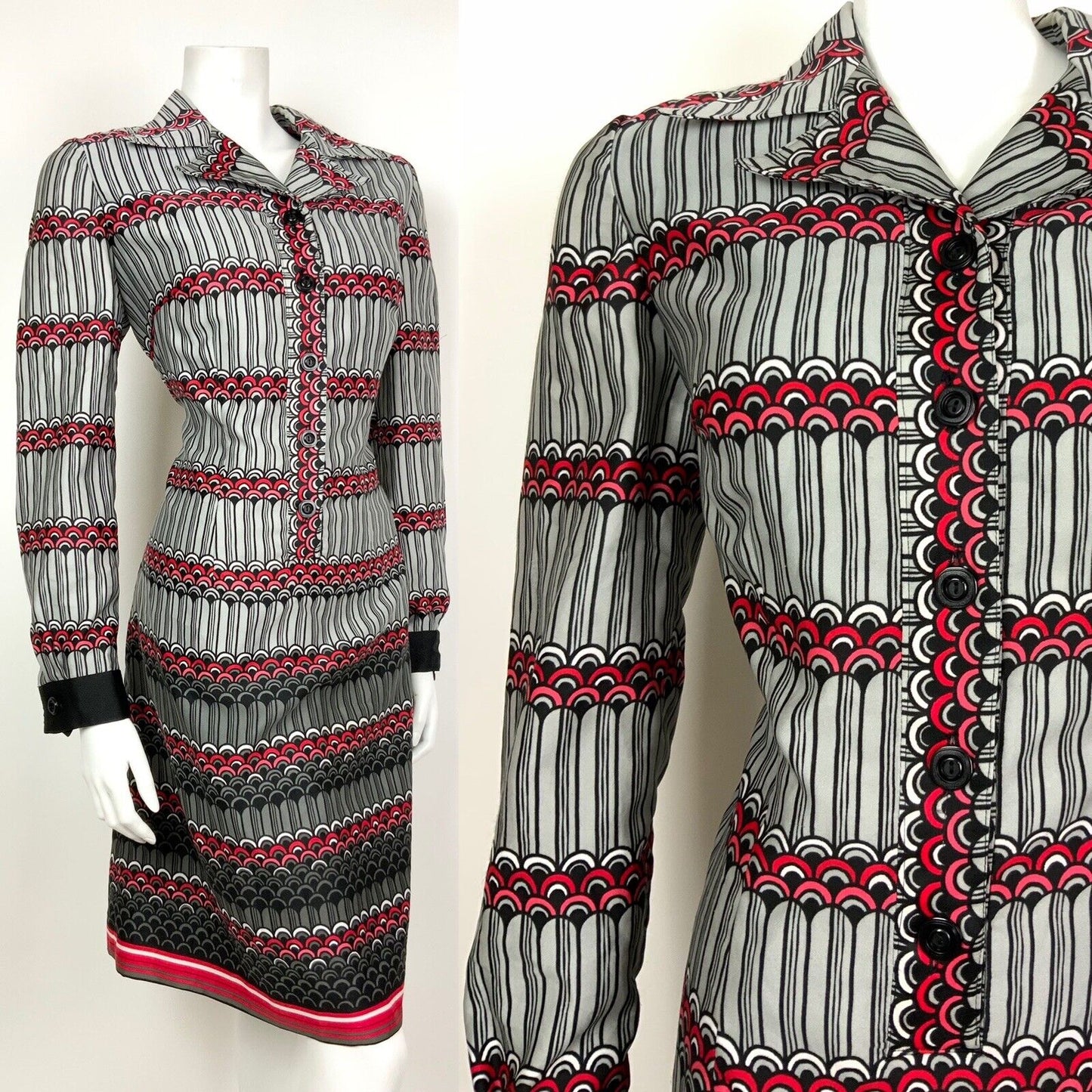 VINTAGE 60s 70s SILVER PINK RED BLACK STRIPED SCALES SHIRT SHIFT DRESS 12 14