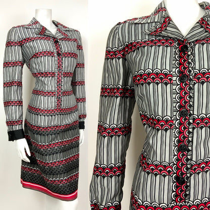 VINTAGE 60s 70s SILVER PINK RED BLACK STRIPED SCALES SHIRT SHIFT DRESS 12 14