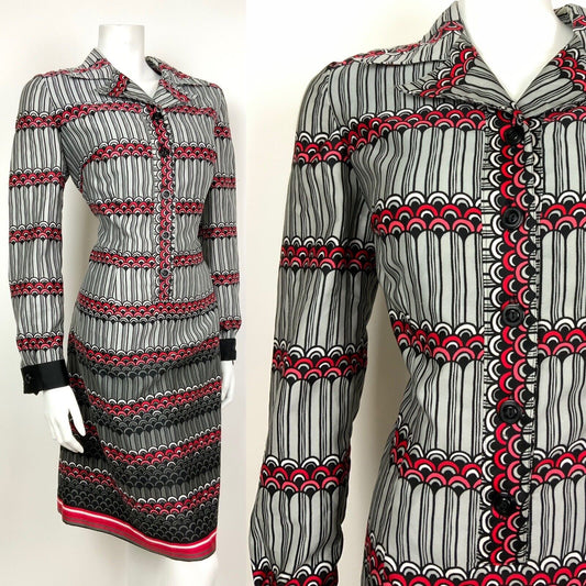 VINTAGE 60s 70s SILVER PINK RED BLACK STRIPED SCALES SHIRT SHIFT DRESS 12 14